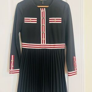 Maje Black and Red Pleated Sheath Dress with Mandarin Collar